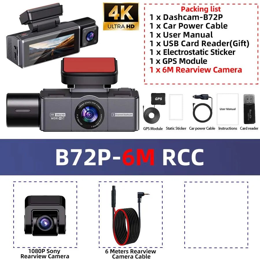 E-ACE B72P 3-Channel 4K Dashcam – Front, Cabin & Rear Recording, Sony STARVIS 2 | Universal Fi - Veltrixa Auto