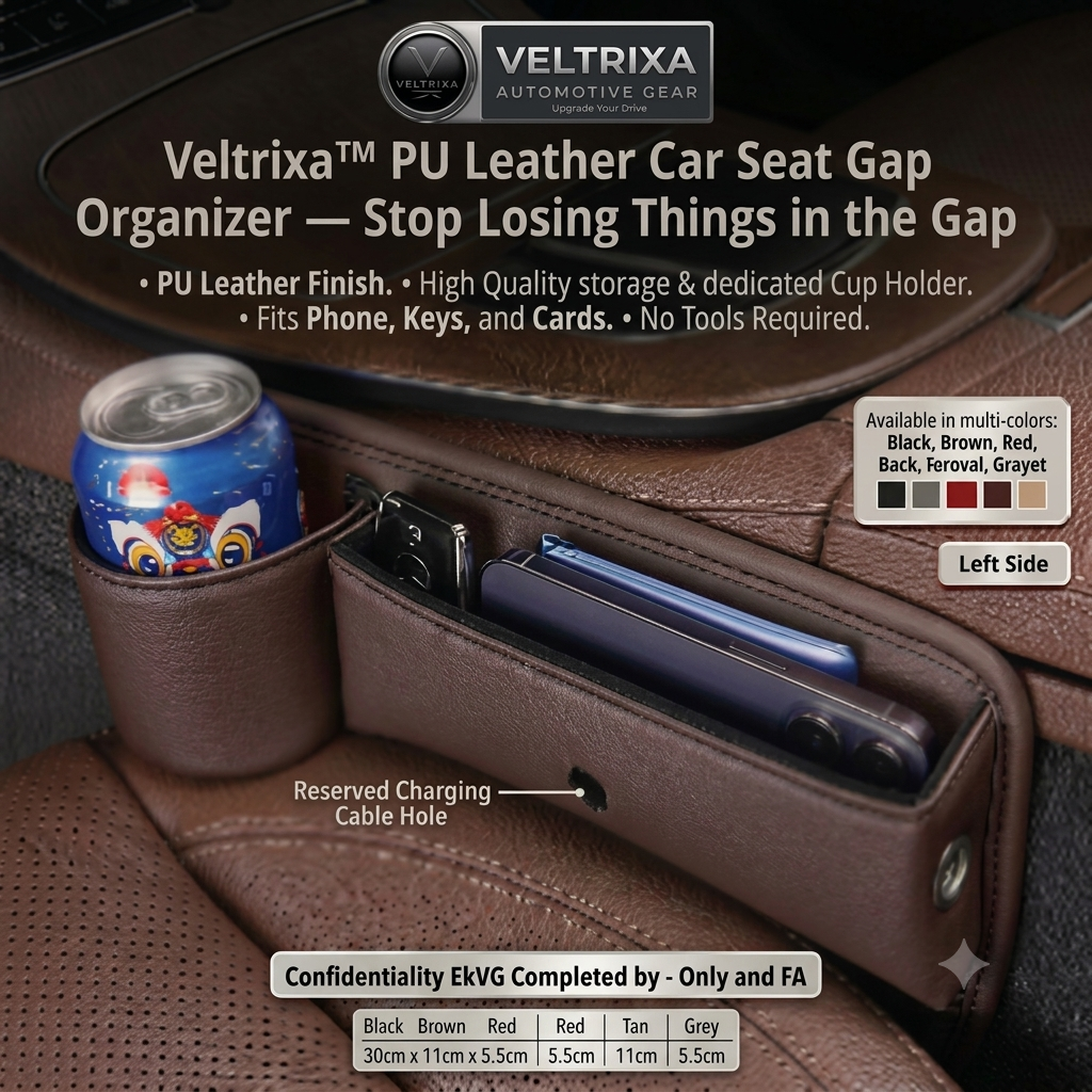 Veltrixa™ PU Leather Car Seat Gap Organizer – Cup Holder & Storage, No Tools | Universal Fit