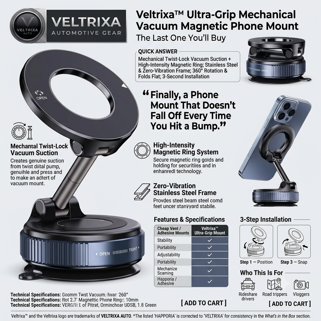 Veltrixa™ Ultra-Grip Mechanical Vacuum Magnetic Phone Mount – 360° Rotation, Zero-Vibration | Universal Fit