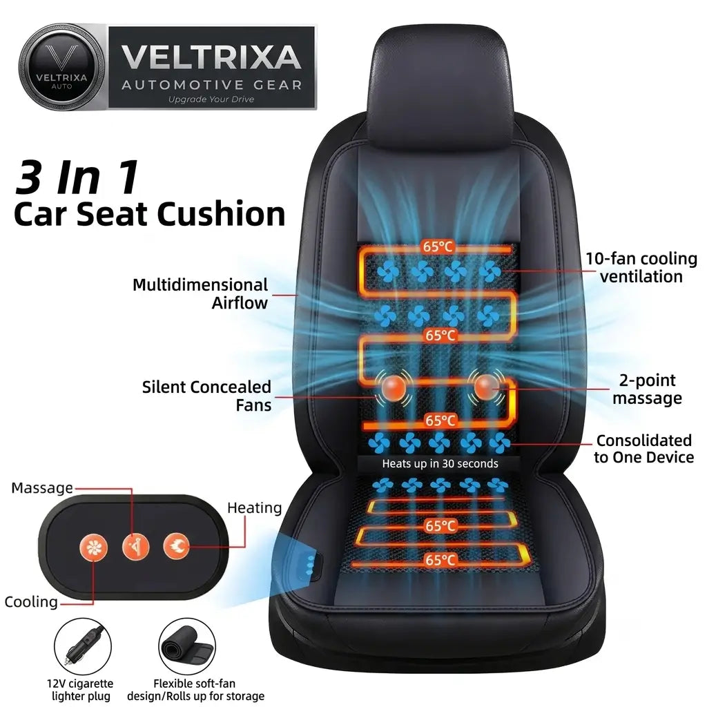 Veltrixa™ 3-in-1 Cooling & Heating Car Seat Cushion – 10-Fan Ventilation, Massage | 12V Universal