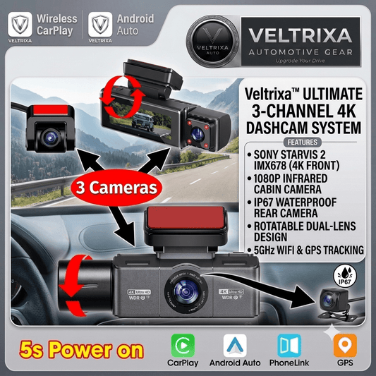 E-ACE B72P 3-Channel 4K Dashcam – Front, Cabin & Rear Recording, Sony STARVIS 2 | Universal Fi - Veltrixa Auto