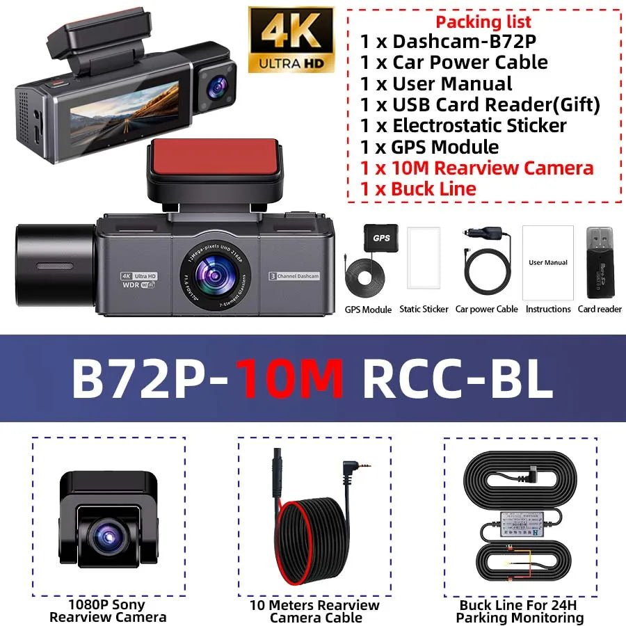 E-ACE B72P 3-Channel 4K Dashcam – Front, Cabin & Rear Recording, Sony STARVIS 2 | Universal Fi - Veltrixa Auto