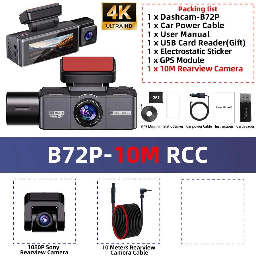 E-ACE B72P 3-Channel 4K Dashcam – Front, Cabin & Rear Recording, Sony STARVIS 2 | Universal Fi - Veltrixa Auto
