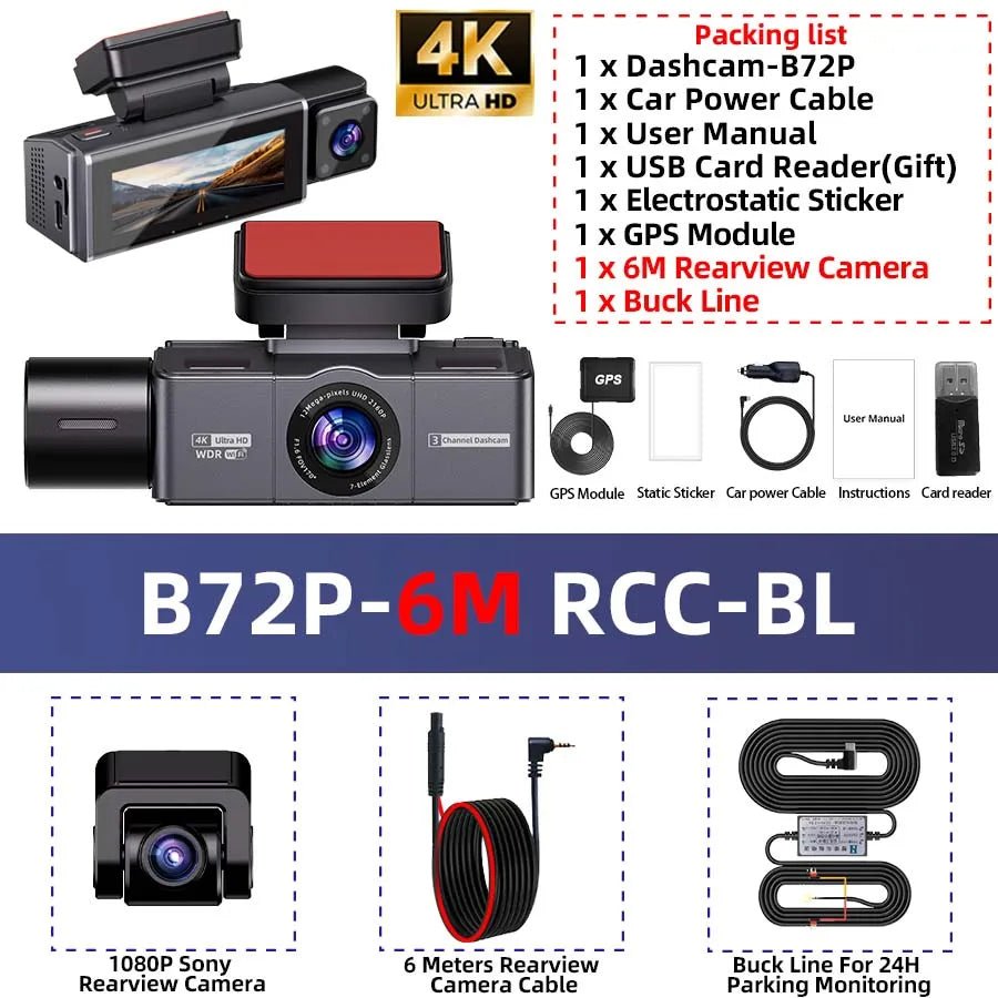 E-ACE B72P 3-Channel 4K Dashcam – Front, Cabin & Rear Recording, Sony STARVIS 2 | Universal Fi - Veltrixa Auto