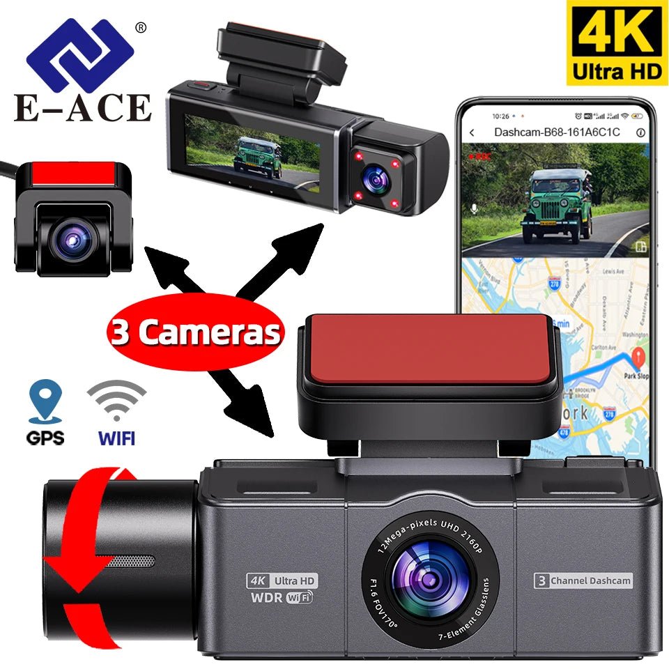E-ACE B72P 3-Channel 4K Dashcam – Front, Cabin & Rear Recording, Sony STARVIS 2 | Universal Fi - Veltrixa Auto