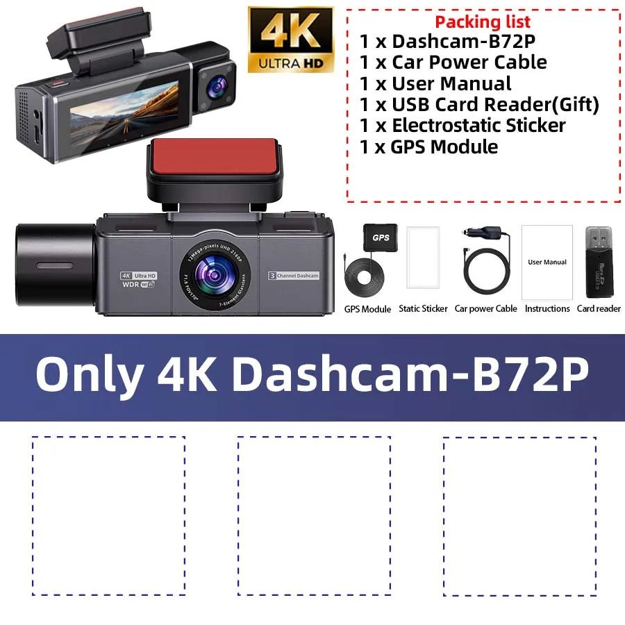 E-ACE B72P 3-Channel 4K Dashcam – Front, Cabin & Rear Recording, Sony STARVIS 2 | Universal Fi - Veltrixa Auto