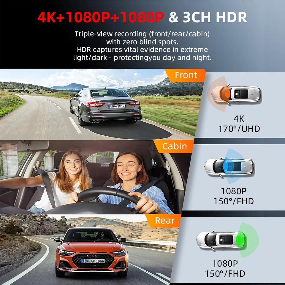 E-ACE B72P 3-Channel 4K Dashcam – Front, Cabin & Rear Recording, Sony STARVIS 2 | Universal Fi - Veltrixa Auto