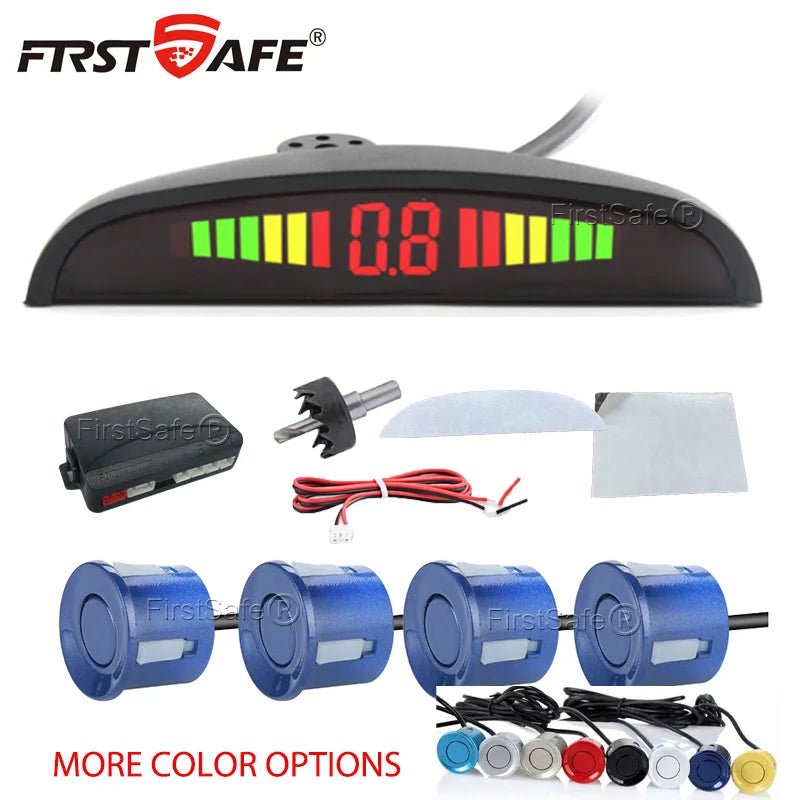 FirstSafe 4-Sensor LED Parking Sensor Kit – Reverse Radar, 13-Color Display | Universal 12V - Veltrixa Auto