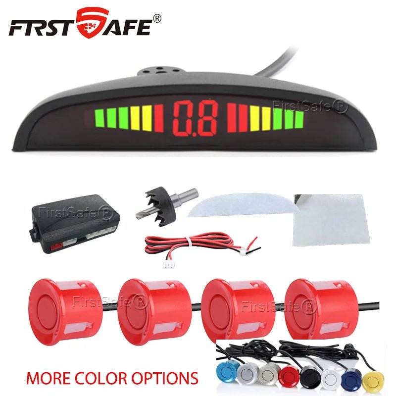 FirstSafe 4-Sensor LED Parking Sensor Kit – Reverse Radar, 13-Color Display | Universal 12V - Veltrixa Auto
