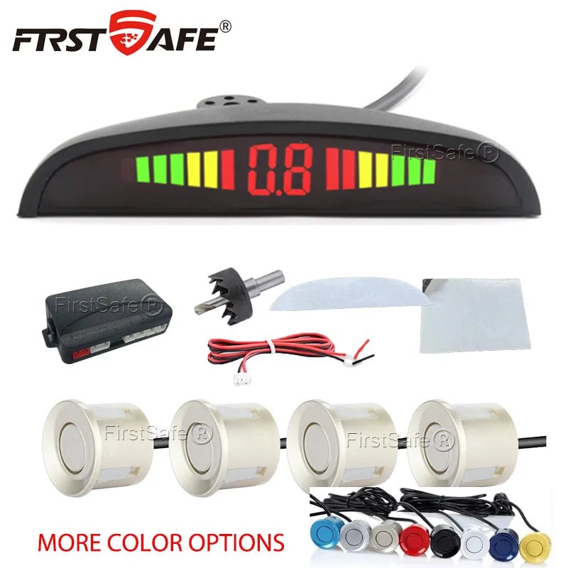 FirstSafe 4-Sensor LED Parking Sensor Kit – Reverse Radar, 13-Color Display | Universal 12V - Veltrixa Auto