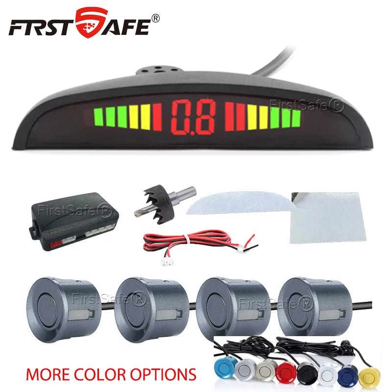 FirstSafe 4-Sensor LED Parking Sensor Kit – Reverse Radar, 13-Color Display | Universal 12V - Veltrixa Auto