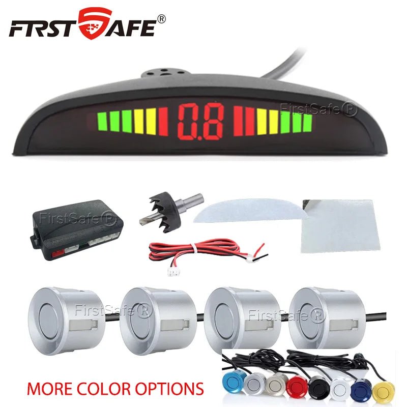 FirstSafe 4-Sensor LED Parking Sensor Kit – Reverse Radar, 13-Color Display | Universal 12V - Veltrixa Auto