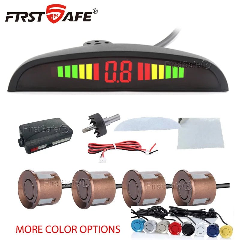 FirstSafe 4-Sensor LED Parking Sensor Kit – Reverse Radar, 13-Color Display | Universal 12V - Veltrixa Auto