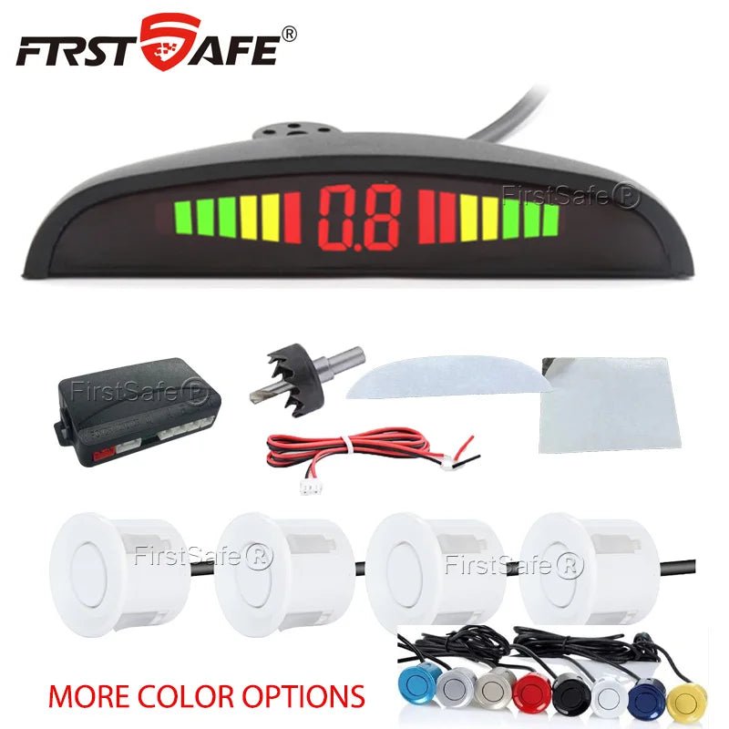 FirstSafe 4-Sensor LED Parking Sensor Kit – Reverse Radar, 13-Color Display | Universal 12V - Veltrixa Auto