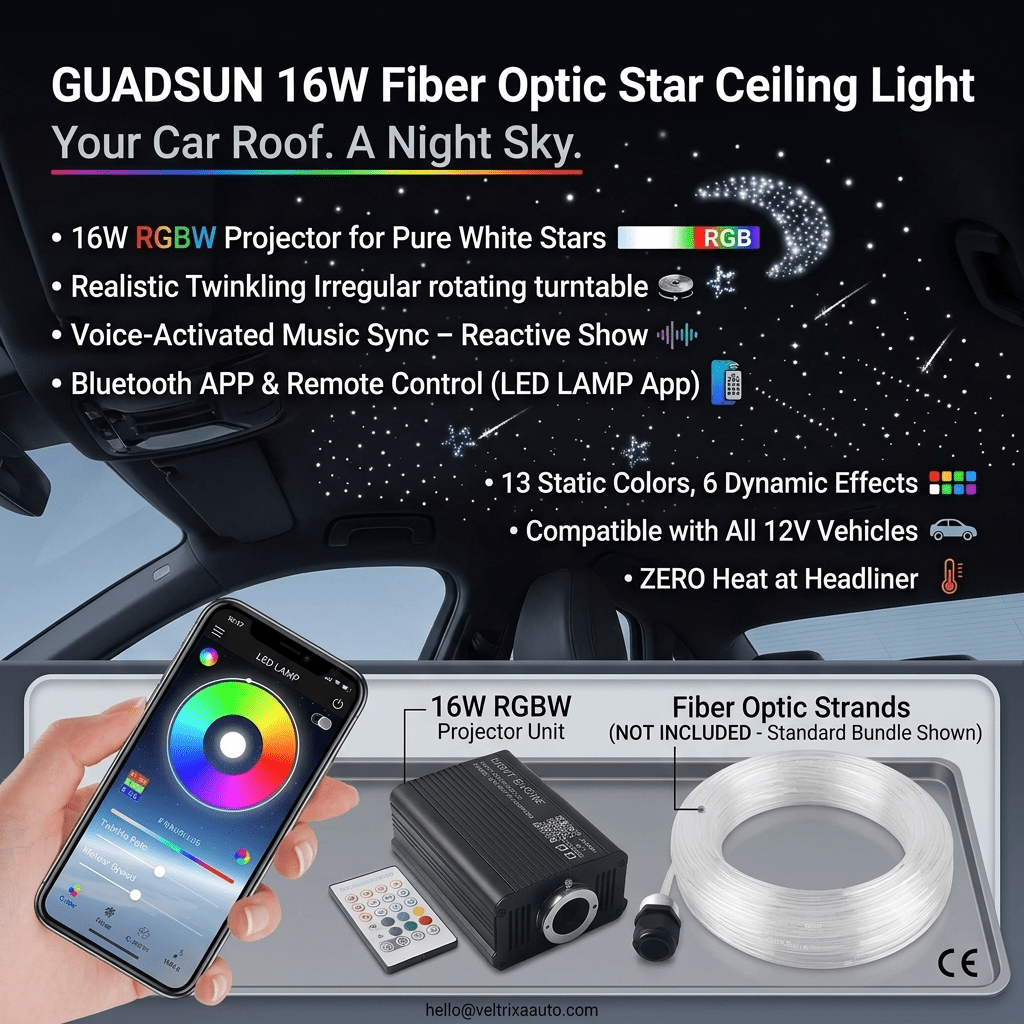 GUADSUN 16W Fiber Optic Star Ceiling Light – RGBW, Music Sync, App Control | Universal Car Fit - Veltrixa Auto