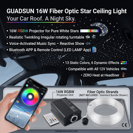 GUADSUN 16W Fiber Optic Star Ceiling Light – RGBW, Music Sync, App Control | Universal Car Fit - Veltrixa Auto