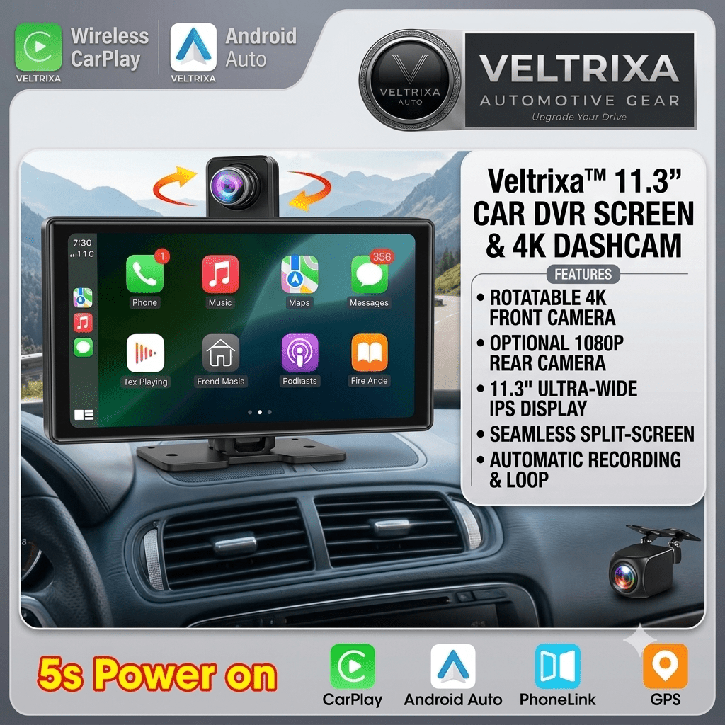 Veltrixa™ 11.3" Wireless CarPlay & Android Auto Screen with 4K Dashcam – Plug-In Dashboard Display | Universal Car Fit - Veltrixa Auto